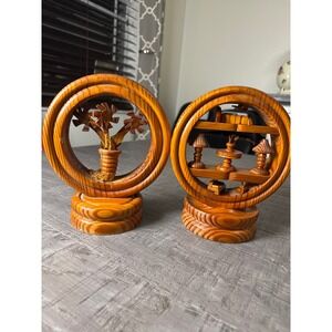 Pair of Vintage Hand‎ Carved Wooden Dioramas Folk Art Cabin Rustic Decor 8"